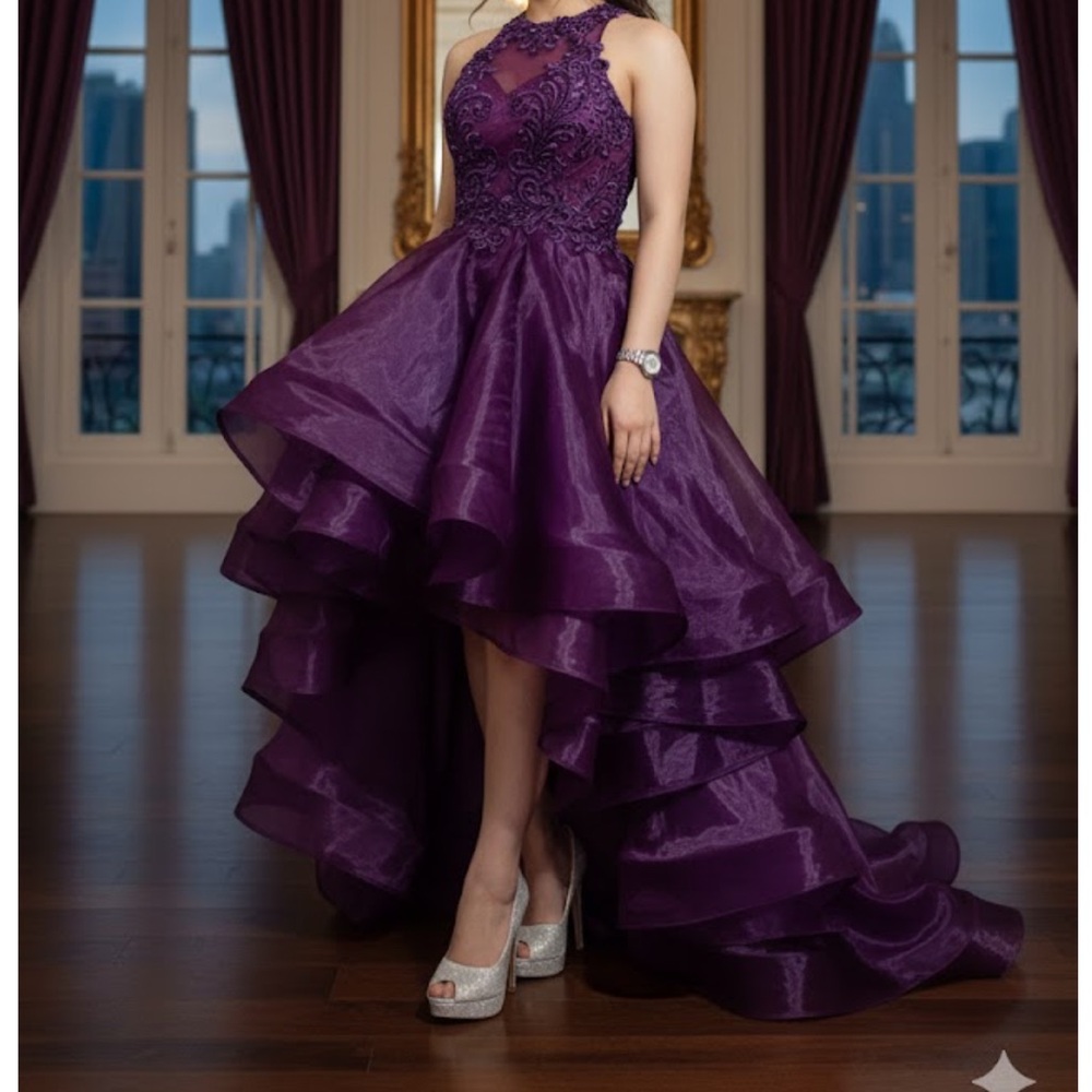 vibrant royal purple high-low gown